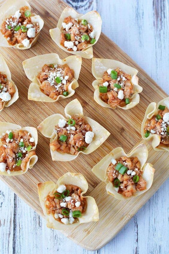 easy bbq chicken wonton cups recipe, Chicken Wonton Cups Appetizers on a cutting board