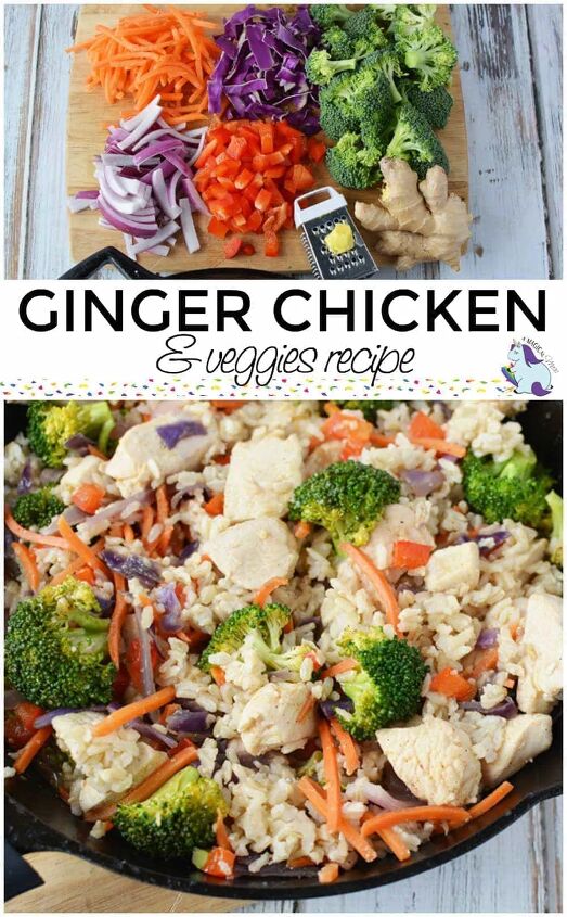 ginger chicken recipe with veggies and rice, A board with chopped veggies and ginger and a skilled filled with chicken and rice