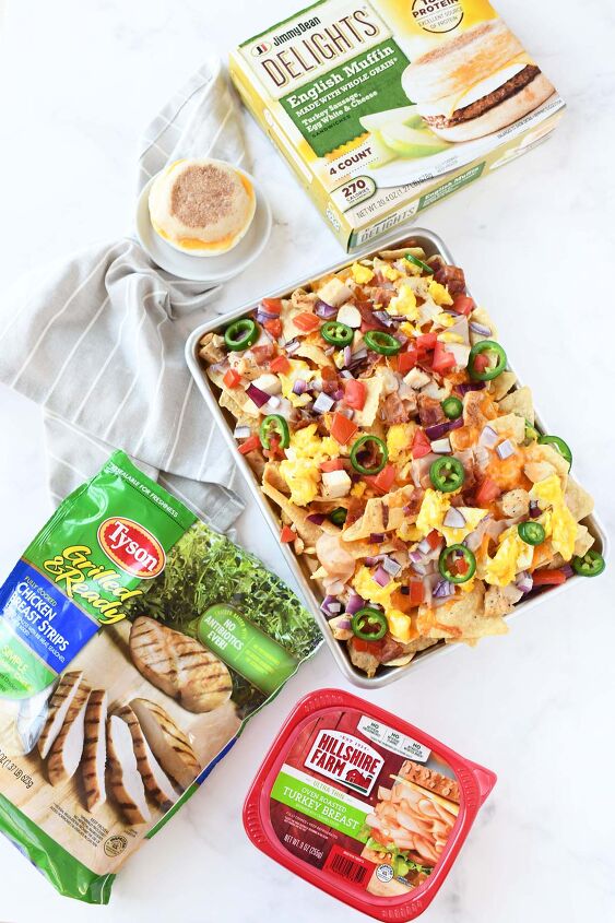 hearty breakfast nachos, Breakfast Nachos and sandwich with Tyson and Hillshire Farms packaging on a white table