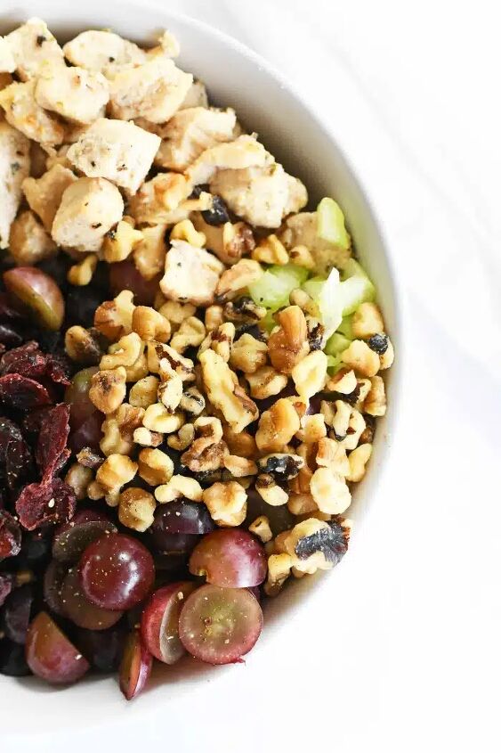 chicken salad with grapes cranberries walnuts, Chicken salad with grapes and nuts in a white dish