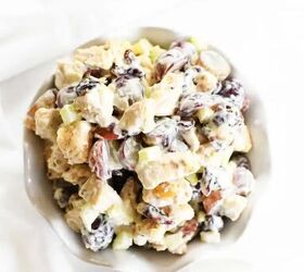 chicken salad with grapes cranberries walnuts, Chicken Salad with Grapes and walnuts in a white dish with a white napkin