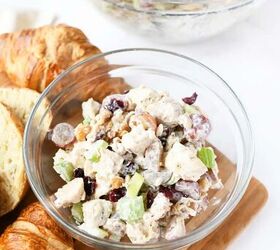 chicken salad with grapes cranberries walnuts, Chunky chicken salad in a glass bowl with croissants