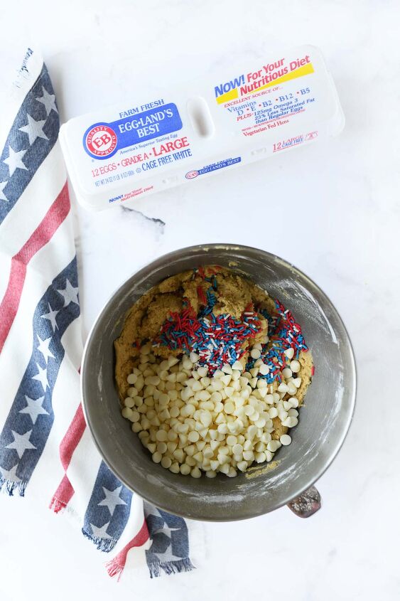 red white and blue sprinkle pudding cookies, Red white a blue sprinkles and white chocolate chips in a stand mixer