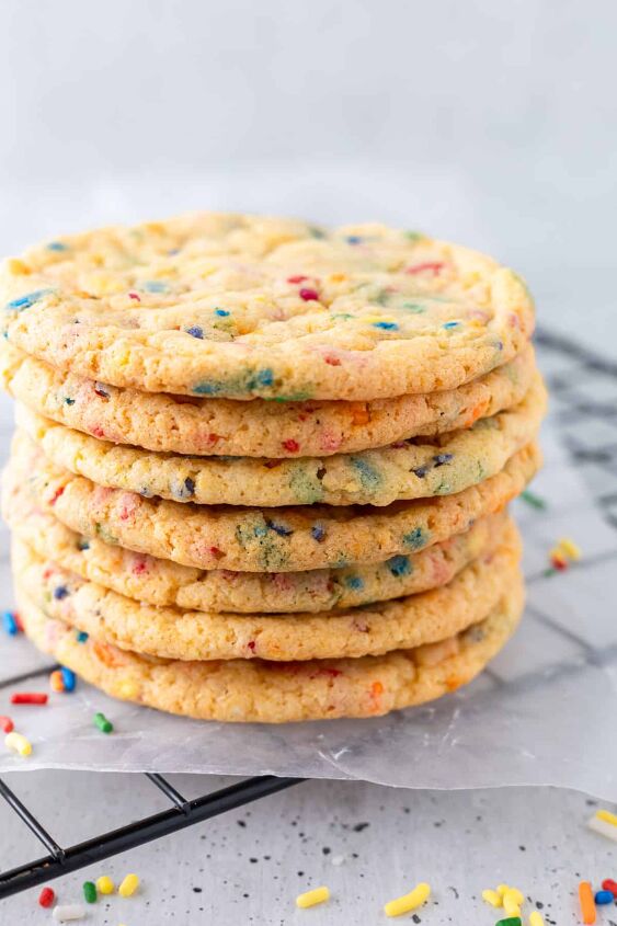 easy funfetti cake mix cookies, A stack of cookies on a wire cooling rack