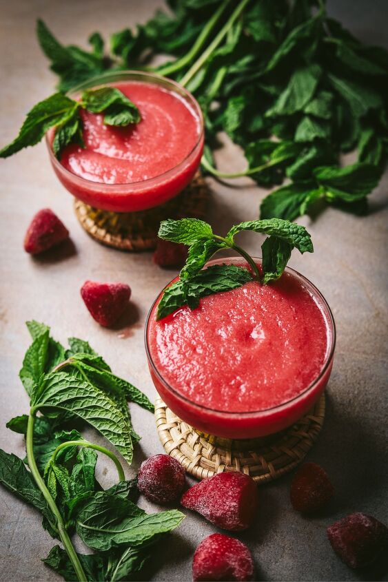 quick and easy watermelon frose, Two glasses of fros surrounded by fresh mint