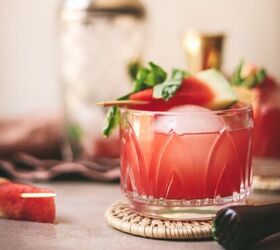 quick and easy watermelon frose, Watermelon vodka cocktail with barware and a muddler