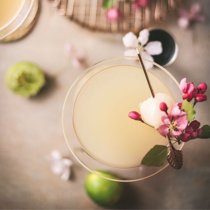 fresh watermelon vodka cocktail with basil, A lychee martini surrounded by lime and flowers