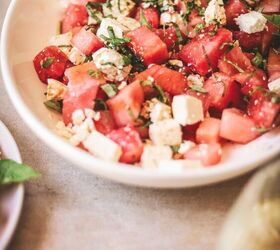 watermelon basil salad with feta, A platter full of watermelon basil salad with feta cheese