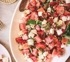 watermelon basil salad with feta, Watermelon basil salad with white wine and a serving spoon