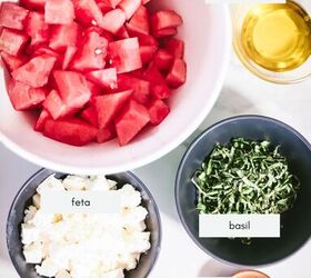 watermelon basil salad with feta, Ingredients for watermelon salad labeled