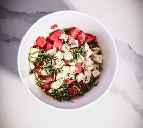 watermelon basil salad with feta, Tossing all the ingredients for the salad in a large bowl