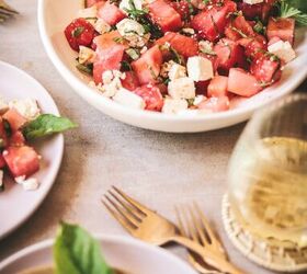 watermelon basil salad with feta, Several plates of watermelon salad plus a big platter of it