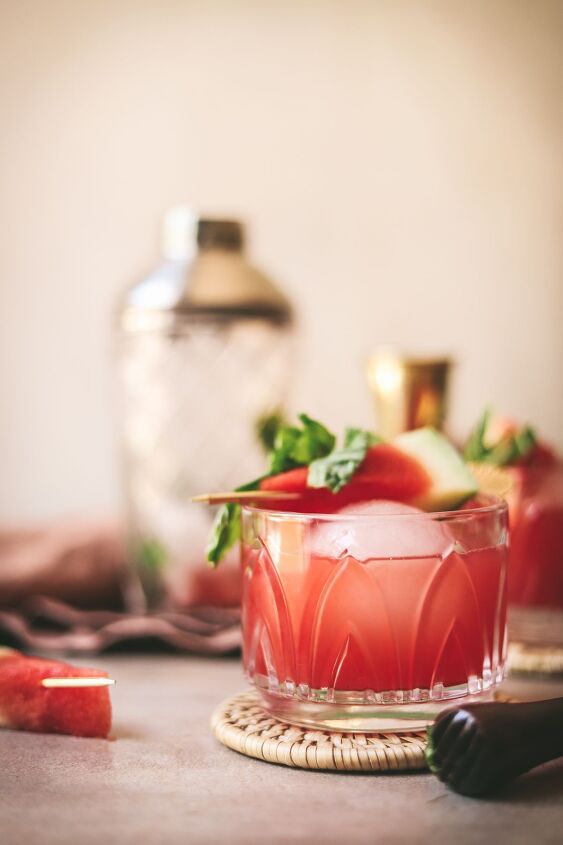 fresh watermelon vodka cocktail with basil, Watermelon basil cocktail with barware in the background