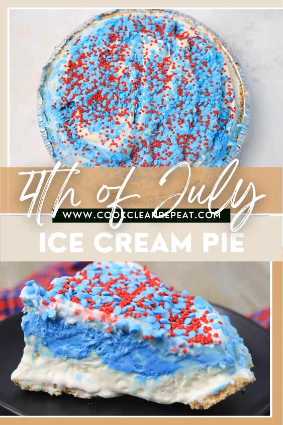 coconut ice cream pie, pin showing the finished 4th of July pie ready to serve