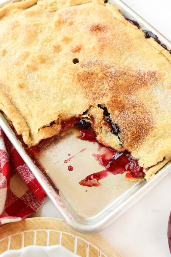 cherry blueberry slab pie a crowd pleasing dessert, Berry Slab Pie in a silver pan