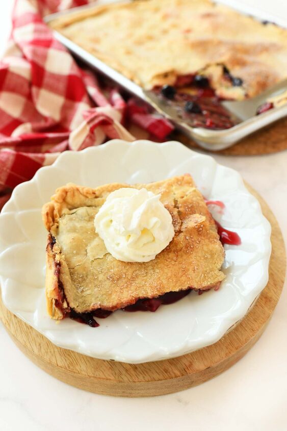 cherry blueberry slab pie a crowd pleasing dessert, Pie of berry pie with whipped topping