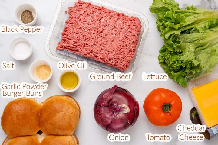 easy to make cast iron skillet burgers, Labeled ingredients ground beef lettuce cheese onions tomatoes buns spices for cooked hamburgers