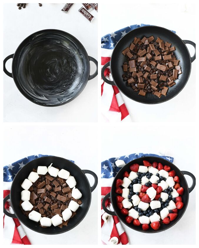 epic s mores berry skillet dip, A four image collage of how to assemble berry smores