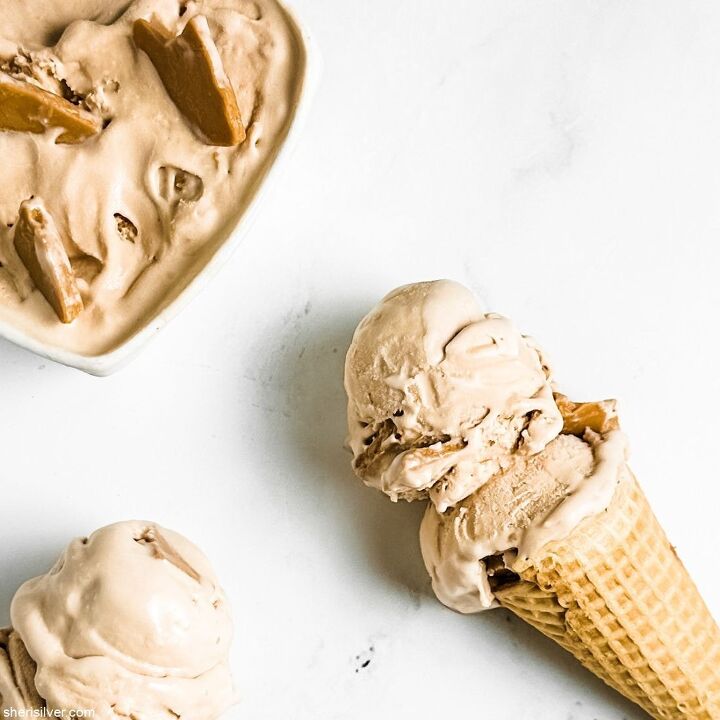 easy coffee malt roasted white chocolate ice cream, coffee malt ice cream scoops on sugar cones next to a ceramic dish of ice cream