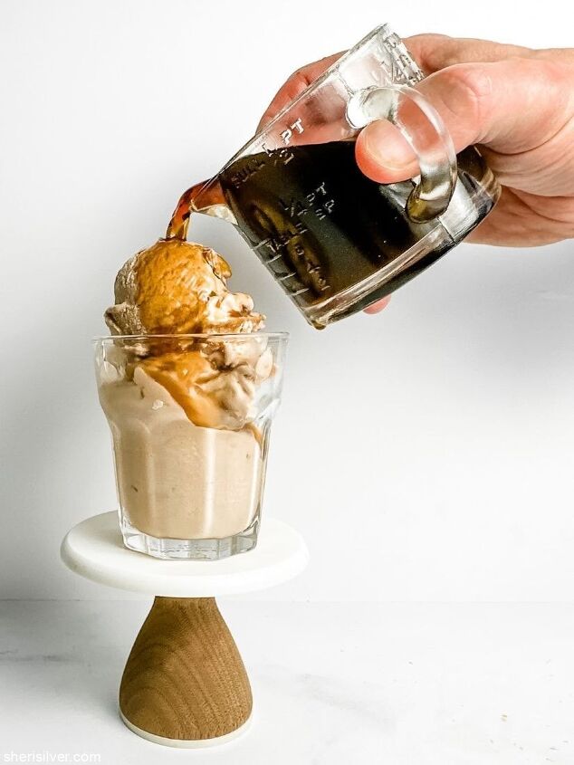 easy coffee malt roasted white chocolate ice cream, coffee pouring over affogato set in glass on a mini cake stand