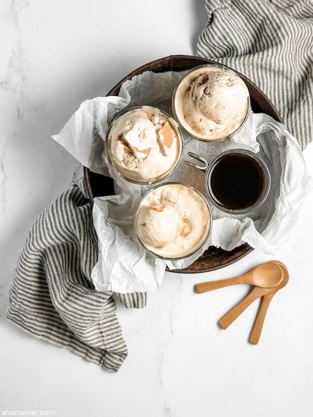 easy coffee malt roasted white chocolate ice cream, affogatos in espresso cups in a vintage pan on a striped linen napkin next to mini wooden spoons