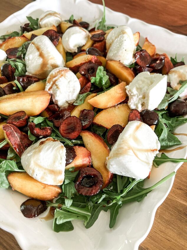 summer stone fruit and burrata salad, Summer stone fruit and burrata salad burrata sliced cherries sliced peaches and arugula drizzled with balsamic glaze