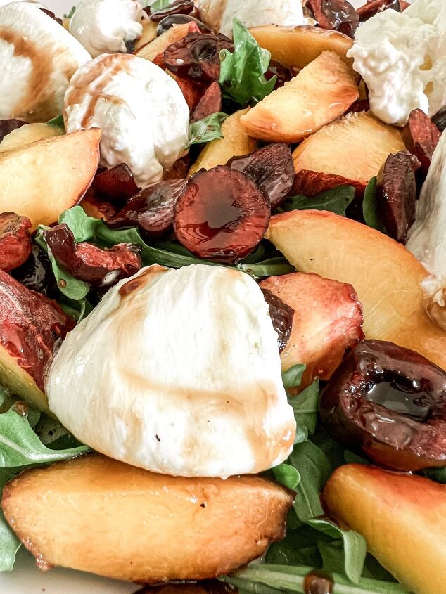 summer stone fruit and burrata salad, Summer stone fruit and burrata salad burrata sliced cherries sliced peaches and arugula drizzled with balsamic glaze