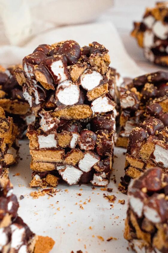 no bake s mores bars gluten free vegan, No bake s mores bars covered in rich dark chocolate with bright white mini marshmallows and golden graham cracker pieces