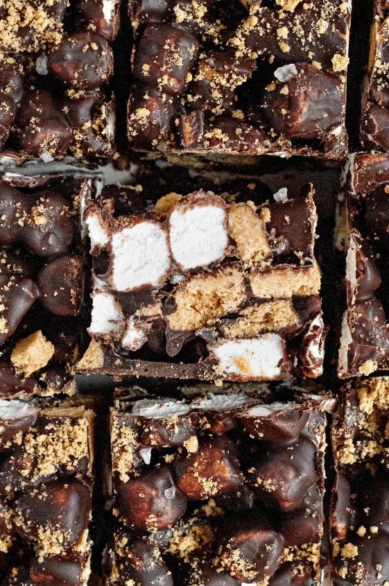 no bake s mores bars gluten free vegan, No bake s mores bars covered in rich dark chocolate with bright white mini marshmallows and golden graham cracker pieces