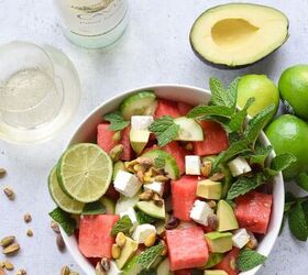 watermelon and cucumber salad, Watermelon cucumber and feta salad recipe in a white bowl with wine
