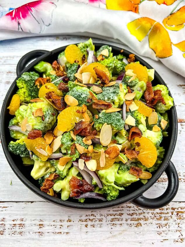 broccoli salad with bacon almonds and orange, Broccoli Salad with Bacon and Almonds in a black serving dish