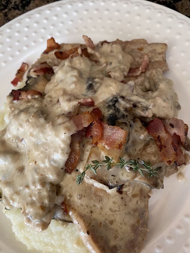 smothering pork chops with mushrooms bacon and gravy