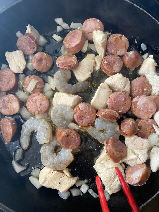 one skillet creamy andouille sausage chicken and shrimp pasta, Look at all that goodness in one skillet