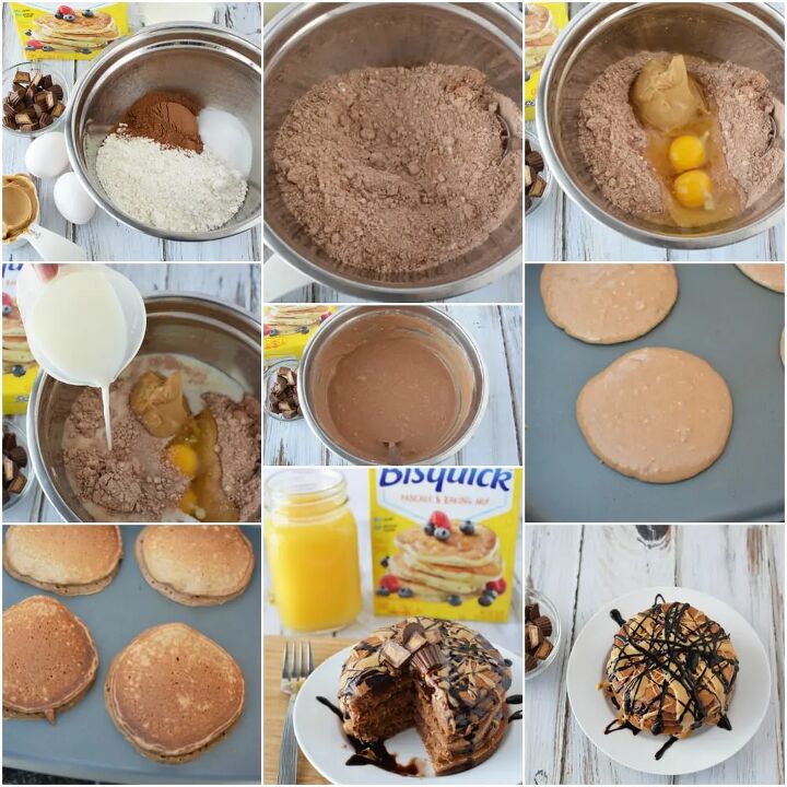 chocolate peanut butter pancakes, Stirring chocolate pancake mix in a bowl and all the steps to make them in a collage