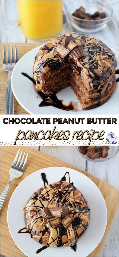 chocolate peanut butter pancakes, Stacks of chocolate pancakes with peanut butter drizzle