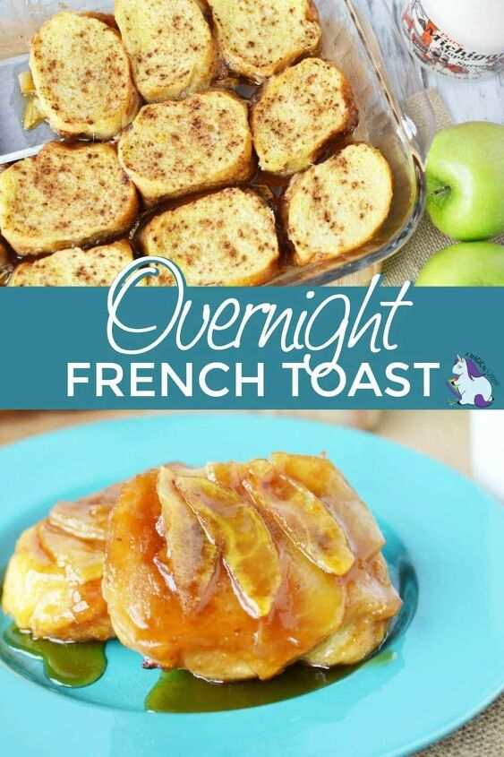 overnight french toast bake with apples, French toast in a baking dish and on a plate topped with apples