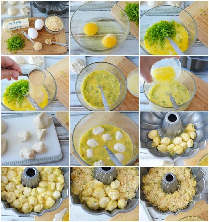pull apart cheese bread recipe, Eggs onion butter cheese and spices on a board and in bowls in process steps to make cheese bread