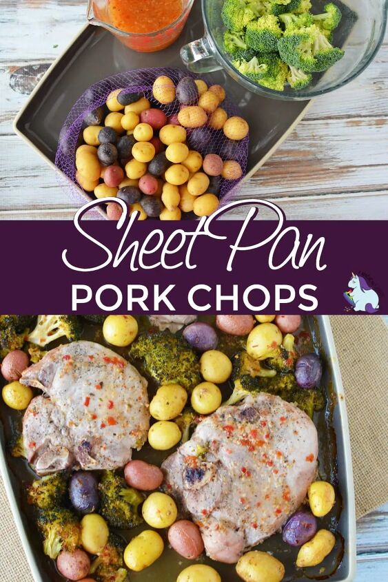 easy sheet pan pork chops recipe, Veggies and pork chops on a sheet pan