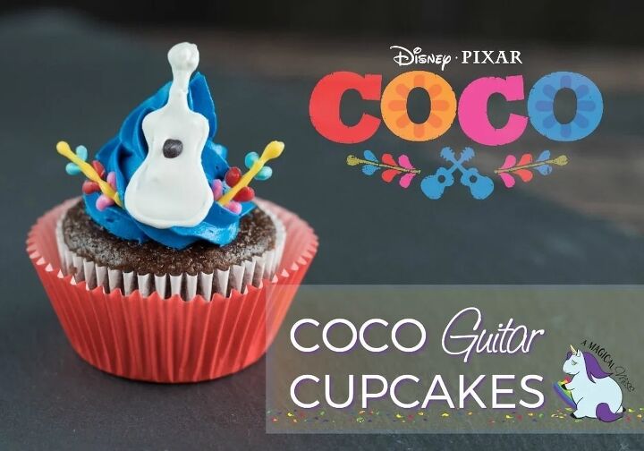 adorable disney pixar coco inspired guitar cupcakes recipe with printa, Cupcakes with guitars inspired by the COCO movie