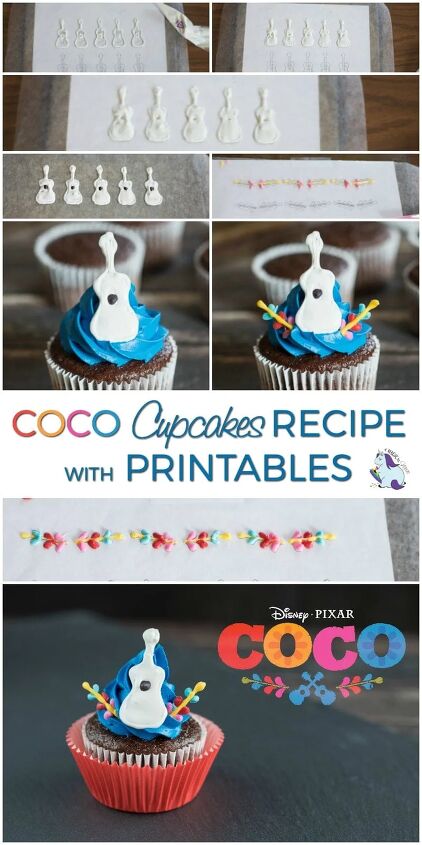 adorable disney pixar coco inspired guitar cupcakes recipe with printa, Cupcakes topped with a guitar and decorates inspired by the COCO movie