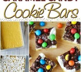 chocolate crispy fluff caramel cookie bar recipe, Caramel cookie bars ingredients in a collage