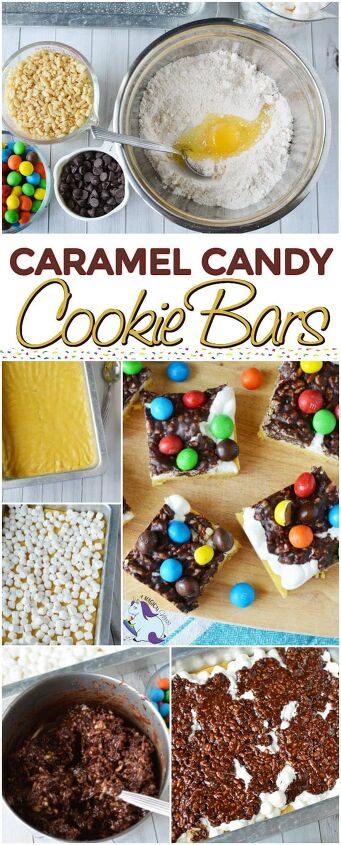chocolate crispy fluff caramel cookie bar recipe, Caramel cookie bars ingredients in a collage