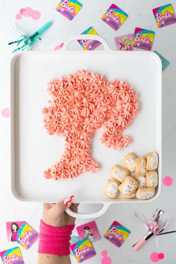 come on let s make barbie dessert dip, woman with 90 s wristband holding barbie silhouette dip