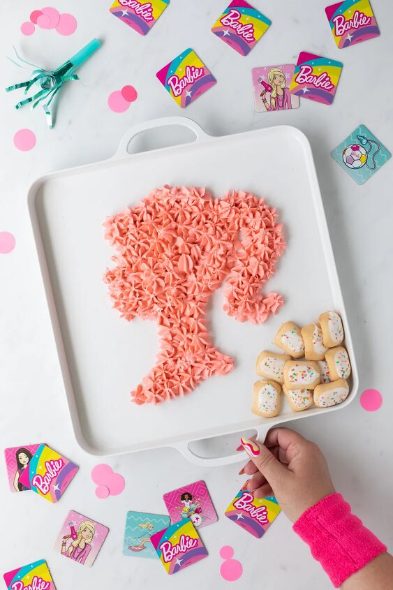 come on let s make barbie dessert dip, holding tray with barbie dessert dip piped onto it mini pop tarts to dip
