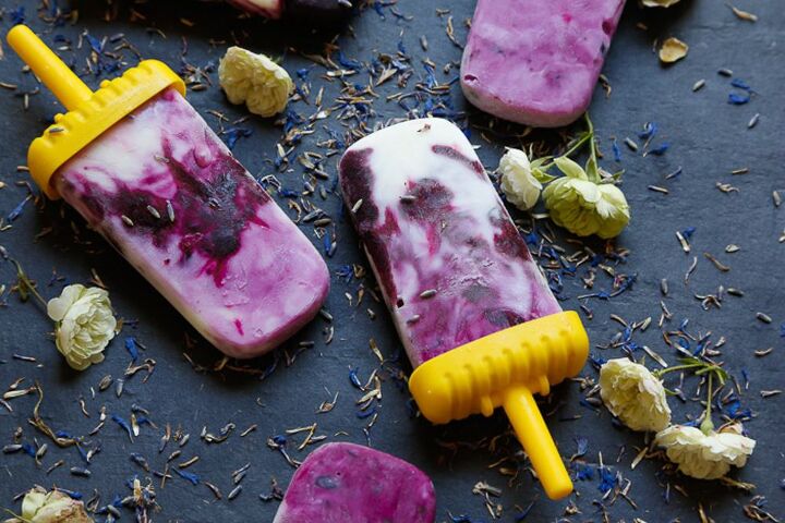 blueberry lavender popsicles dairy free, close up of health blueberry lavender coconut popsicles