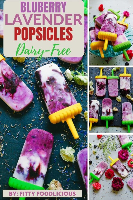 blueberry lavender popsicles dairy free, Pinterest image of blueberry lavender popsicles dairy free on a black cutting board with flowers