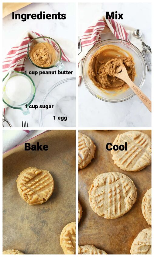 super easy 3 ingredient peanut butter cookies recipe, A four image collage showing how to make 3 ingredient peanut butter cookies
