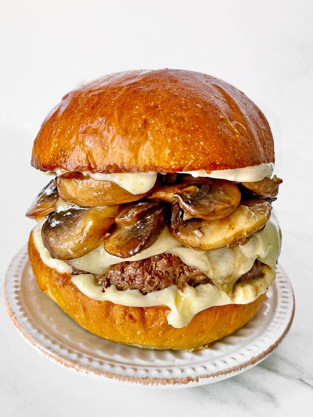 red robin inspired mushroom swiss burger recipe, Assembled Mushroom Swiss Burger