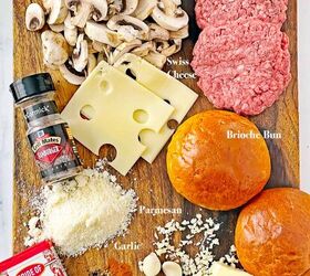 red robin inspired mushroom swiss burger recipe, Cutting board with all the ingredients for Red Robin Mushroom Swiss Burger Recipe