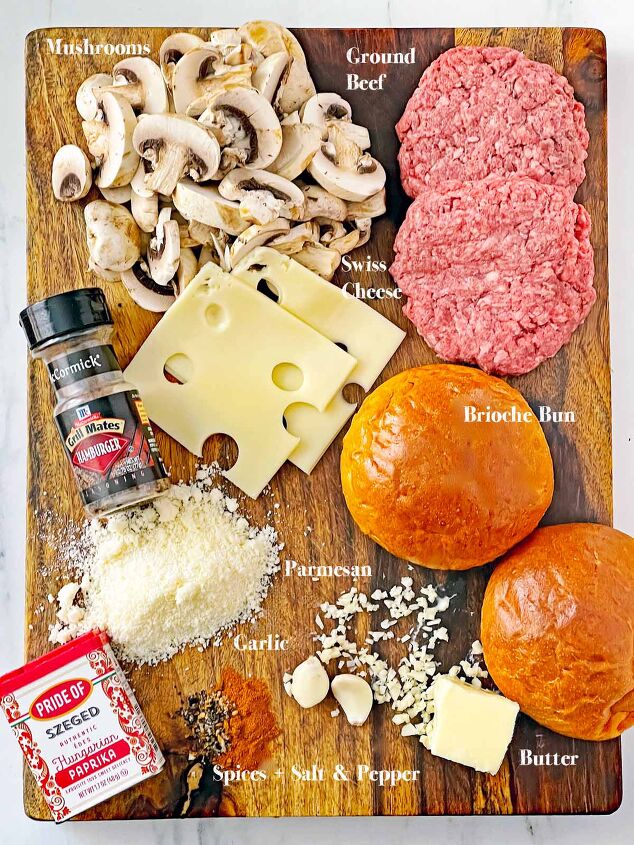 red robin inspired mushroom swiss burger recipe, Cutting board with all the ingredients for Red Robin Mushroom Swiss Burger Recipe